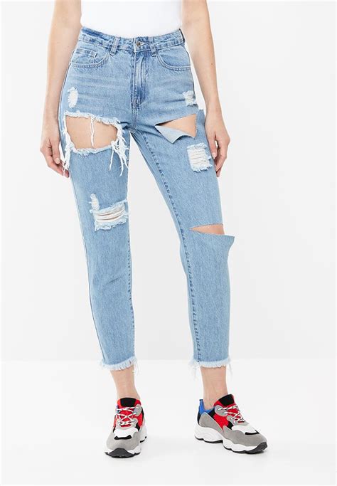 Riot High Rise Split Rip Mom Jean Blue Missguided Jeans