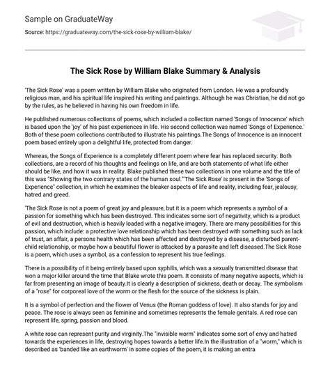 ⇉the Sick Rose By William Blake Summary And Analysis Essay Example Graduateway