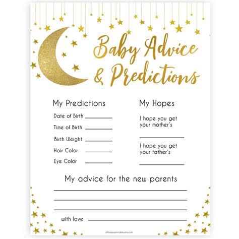 Our new baby shower game cards will have the whole room playing and smiling. Baby Advice & Predictions Card - Little Star Printable ...