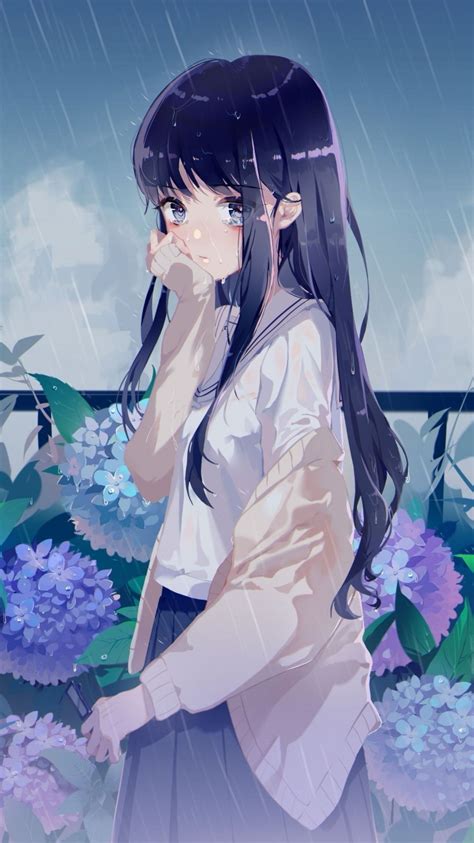 Download 750x1334 Anime Girl Raining Flowers Black Hair