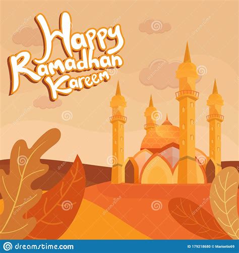 Happy Ramadan Mubarak Text Greeting Concept With Illustration Mosque