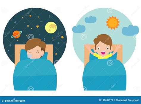 Vector Illustration Of Kid Sleeping And Waking Child Sleeping On