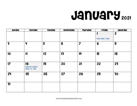 Print the calendar and mark the important dates, events, holidays, etc. 65+ Printable Calendar January 2021 Holidays, Portrait ...