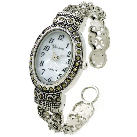 Stc Silver Black Vintage Style Marcasite Crystal Oval Face Womens