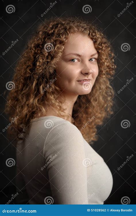 Smiling Fairy Woman With Red Curly Hair Big Breast On Dark Grey Stock