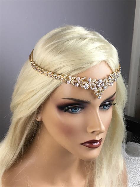 bridal gold leaf rhinestone headband art deco tiara forehead backside bohemian halo headpiece