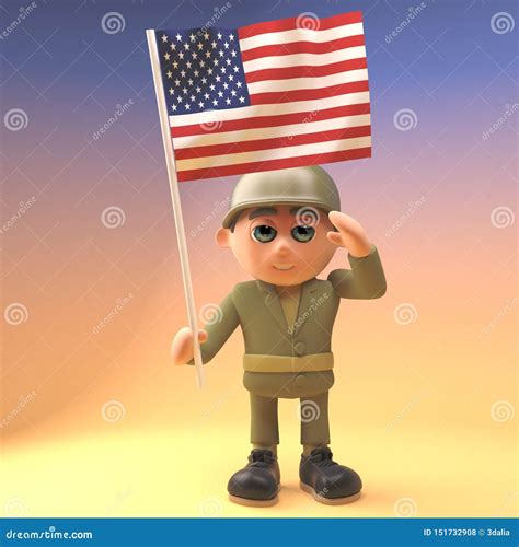 Brave Army Soldier Salutes While Holding The American Flag 3d
