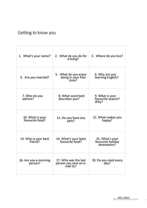 Speaking Questions Getting To Know You Worksheet Free