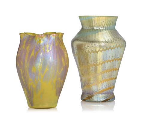 Two Loetz Iridescent Glass Vases Circa 1900 Taller Vase Engraved Loetz Austria Christie S