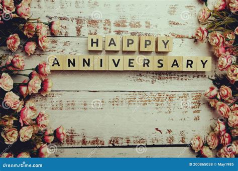 Happy Anniversary Alphabet Letter With Space Copy On Wooden Stock Photo
