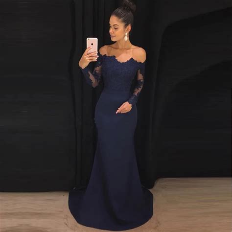 Navy Blue Mermaid Prom Gowns Off The Shoulder Long Sleeves Appliques
