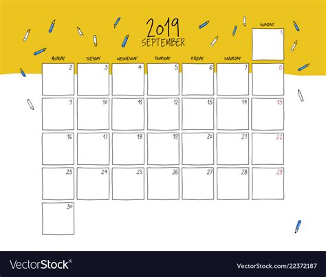 Jika anda merancang untuk bercuti lama dan. September 2019 wall calendar doodle style Vector Image