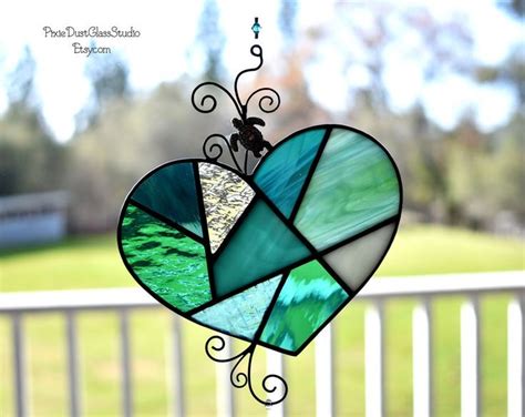 Stained Glass Heart Suncatcher Abstract Ocean Wave Heart With Etsy