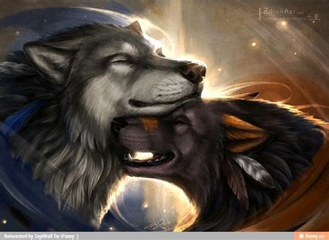 Two Wolfs Face To Face With Each Other In Front Of A Bright Light