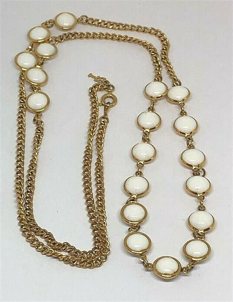 White Plastic Bead Links Gold Tone Chain Vintage Necklace Signed