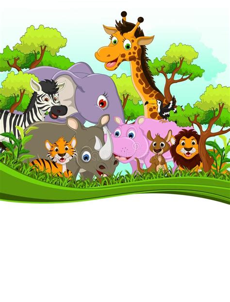 Cute Animal Wildlife Cartoon With Forest Background Stock