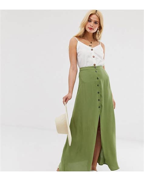 Asos Asos Design Tall Button Front Maxi Skirt In Green Lyst