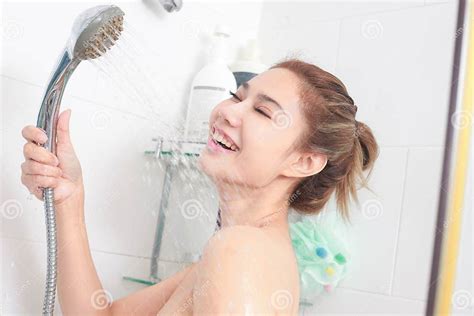 Woman Taking A Shower Enjoying Water Splashing On Her Stock Image Image Of Long Care 111040029