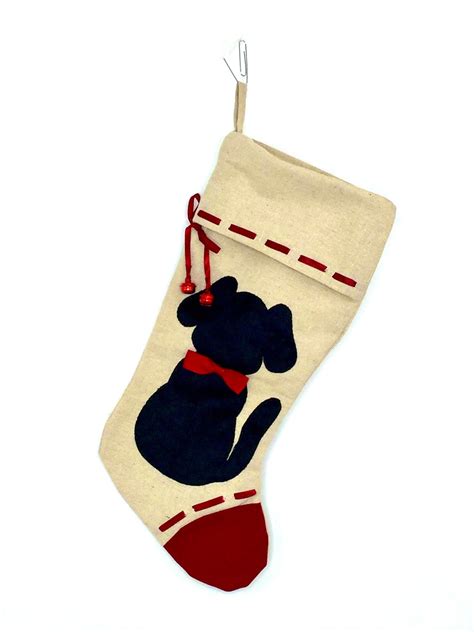 Personalized Christmas Stocking Black Dog Applique On Linen Etsy