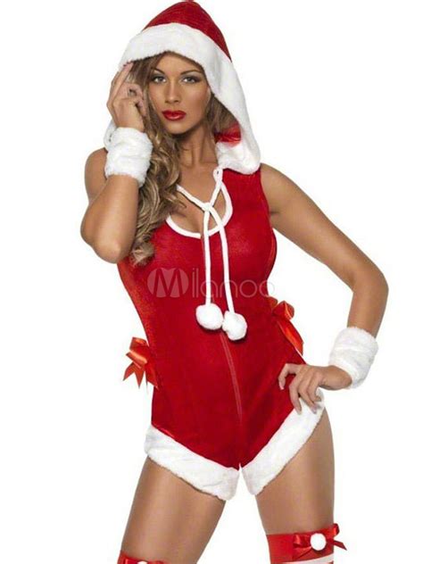 Christmas Sexy Santa Costume Red Bodysuit With Wrist Bands For Women Christmas T