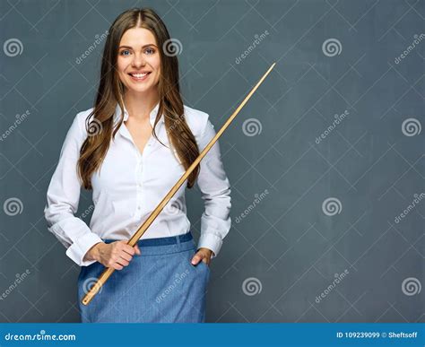 Smiling Woman Teacher Holding Wooden Pointer Stock Image Image Of