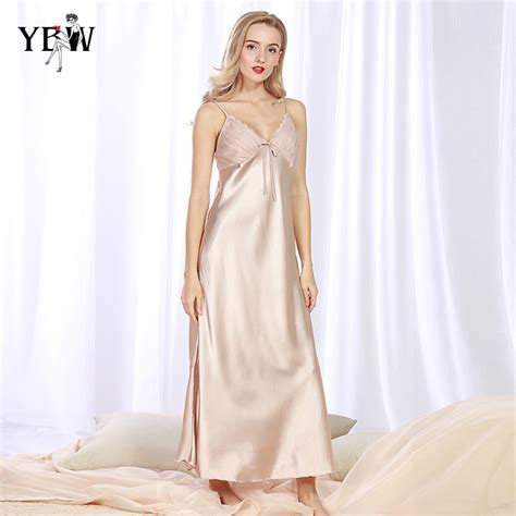 Buy 2018 Summer Satin Silk Night Dress Women Long Lace Nightgown Sexy Female