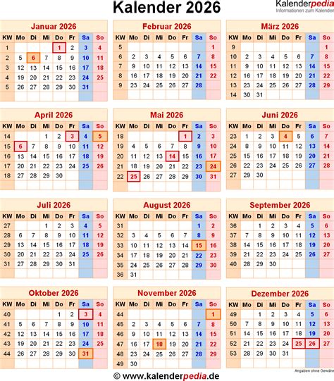 Kalender 2026 Mit Excelpdfword Vorlagen Feiertagen Ferien Kw