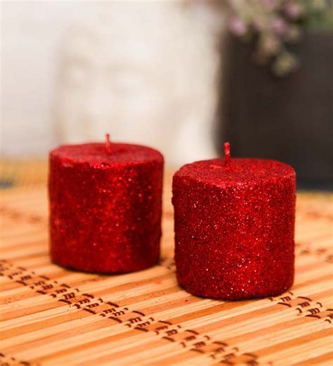 Red Set Of 2 Big Decorative Pillar Shaped Sparkle Candle By Blackberry