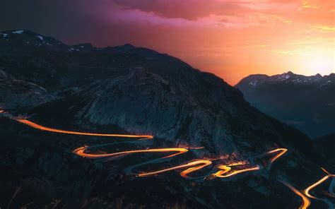 Sunset Trails Mountains Road Long Exposure 5k Macbook Pro Wallpaper