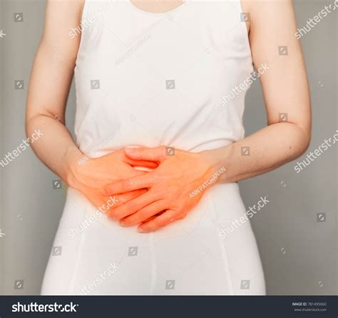 Stomachachewoman Penis Pain Female Holding Hand Stock Photo