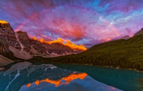 Wallpaper Landscape Sunset Mountains Nature Lake Rainbow Canada