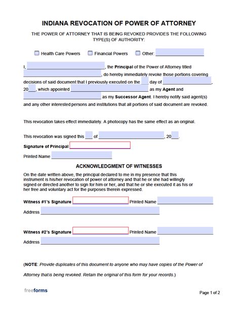 Free Indiana Revocation Of Power Of Attorney Form Pdf Word