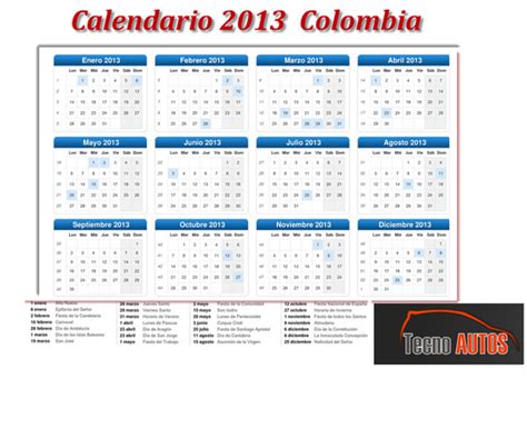 Calendario 2013 Colombia Almanaque 2013 Festivos Colombia