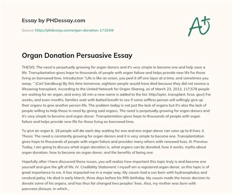 Organ Donation Persuasive Essay 400 Words
