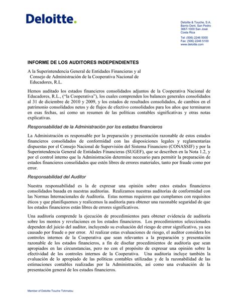 Informe De Los Auditores Independientes A La