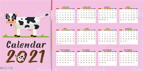 Ilustración De Calendario 2021 De Ilustración De Vector De Vaca Linda Y Más Vectores Libres De