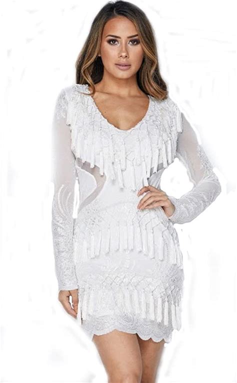 Fashion White 7857bodycon Lace Tassel Clubbing Sexy Mini Dress S At