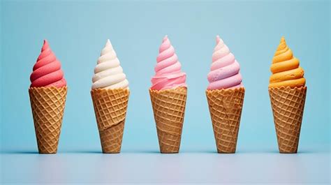 Premium AI Image Four Ice Cream Cones Lined Up In A Row On A Blue Surface Generative Ai