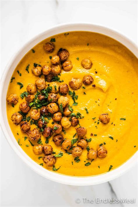 Roasted Carrot Soup With Crispy Chickpea Croutons The Endless Meal