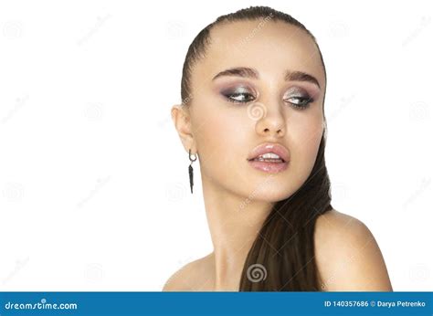 Beauty Portrait Beautiful Brunette Woman Wearing Crop Top With Perfect
