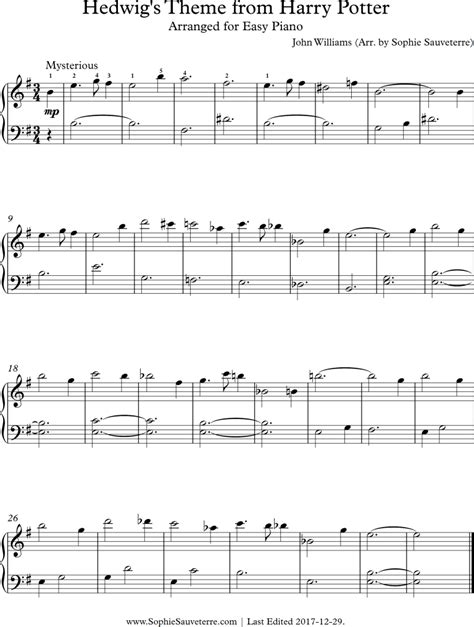 Hedwigs Theme From Harry Potter Sheet Music Arrangement For Easy