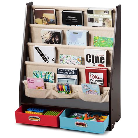 Costway Kids Book Rack Toys Organizer W 4 Sling Bookshelf And 2 Boxes