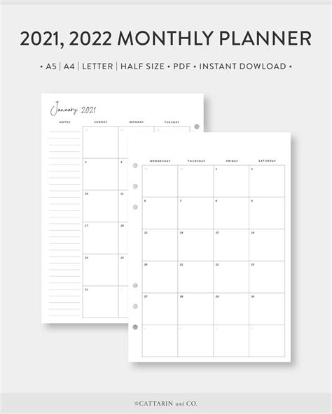 2021 2022 Monthly Planner Printable Calendar On Two Pages Etsy