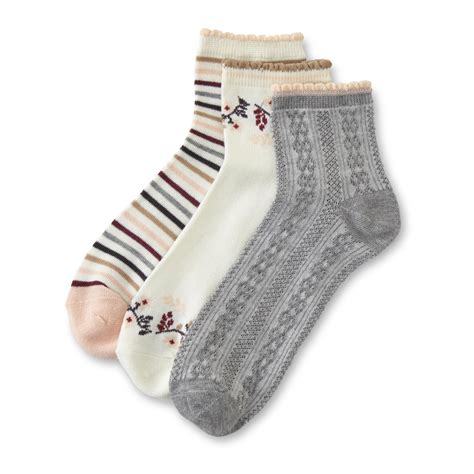 Womens 3 Pairs Quarter Socks Floral And Striped