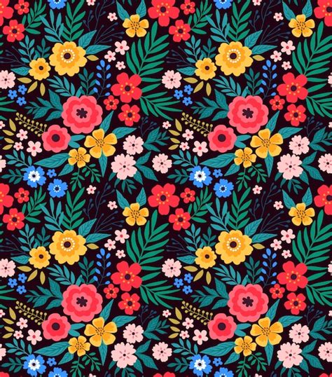 Trendy Seamless Floral Pattern With Bright Colorful Flowers And Leaves