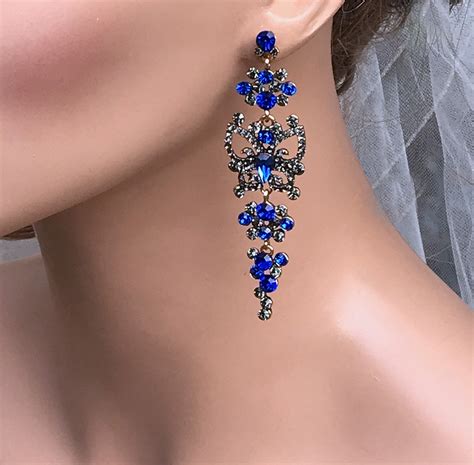 Royal Blue Crystal Earrings Victorian Drop Earrings Crystal Etsy