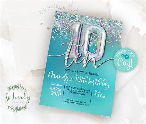 Teal And Silver Holo Glitter 10th Birthday Invitation Edit Etsy
