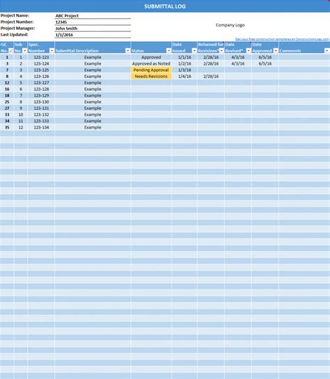 Submittal Log Template Excel