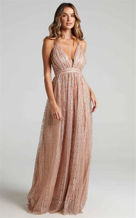 Romantic Night Maxi Dress In Rose Gold Glitter Showpo Gold Maxi