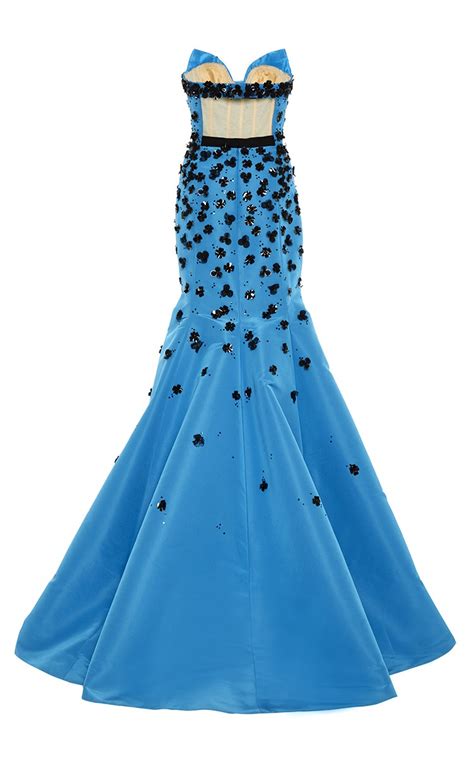 Lyst Oscar De La Renta Embroidered Floral Applique Strapless Gown In Blue